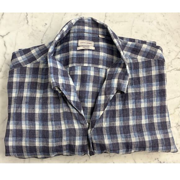 Luciano Barbera XL Mens Linen Button Down UP Shirt Plaid Blue White Print Worn 1 - Picture 2 of 5